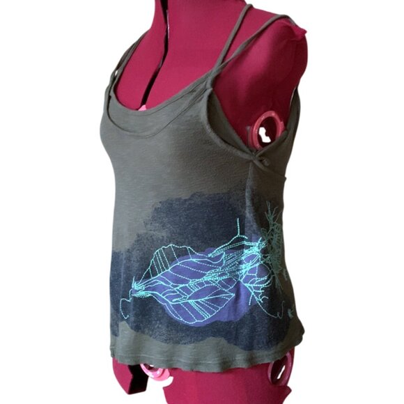DIESEL / Multi layers asymmetric tank top Kaki Green with leaves print - XS - Picture 2 of 9